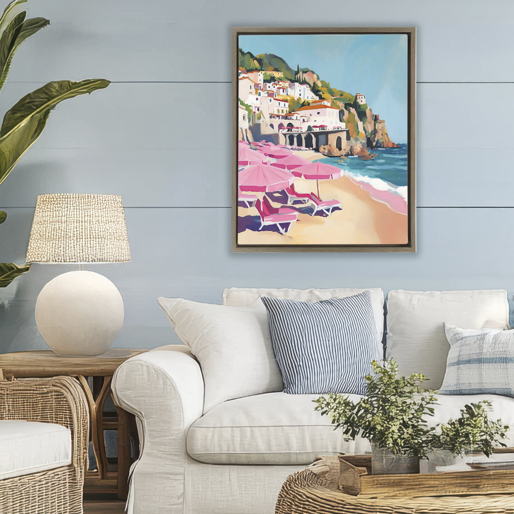 Stupell Industries Pink Beach Chairs on Shoreline Brown Framed Floater Canvas Wall Art, design by The Prints Vibe
