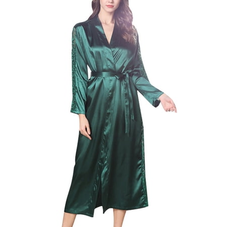 

Colisha Lightweight Home Dressing Gown for Women Loose V Neck Bathrobe Elegant Lace Stitched Bathrobes Blackish Green M