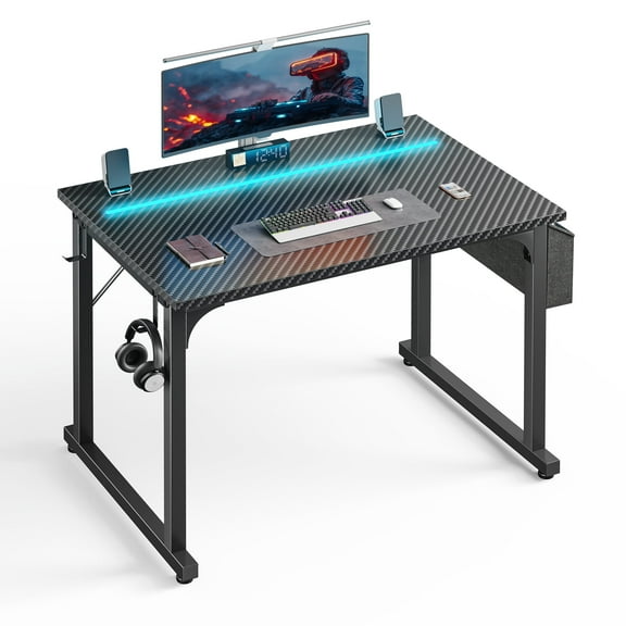 Romorgniz 32 Inch Computer Desk with LED Lights for Small Spaces, Home Office Desk with Storage Bag, Headphone Hook, Black