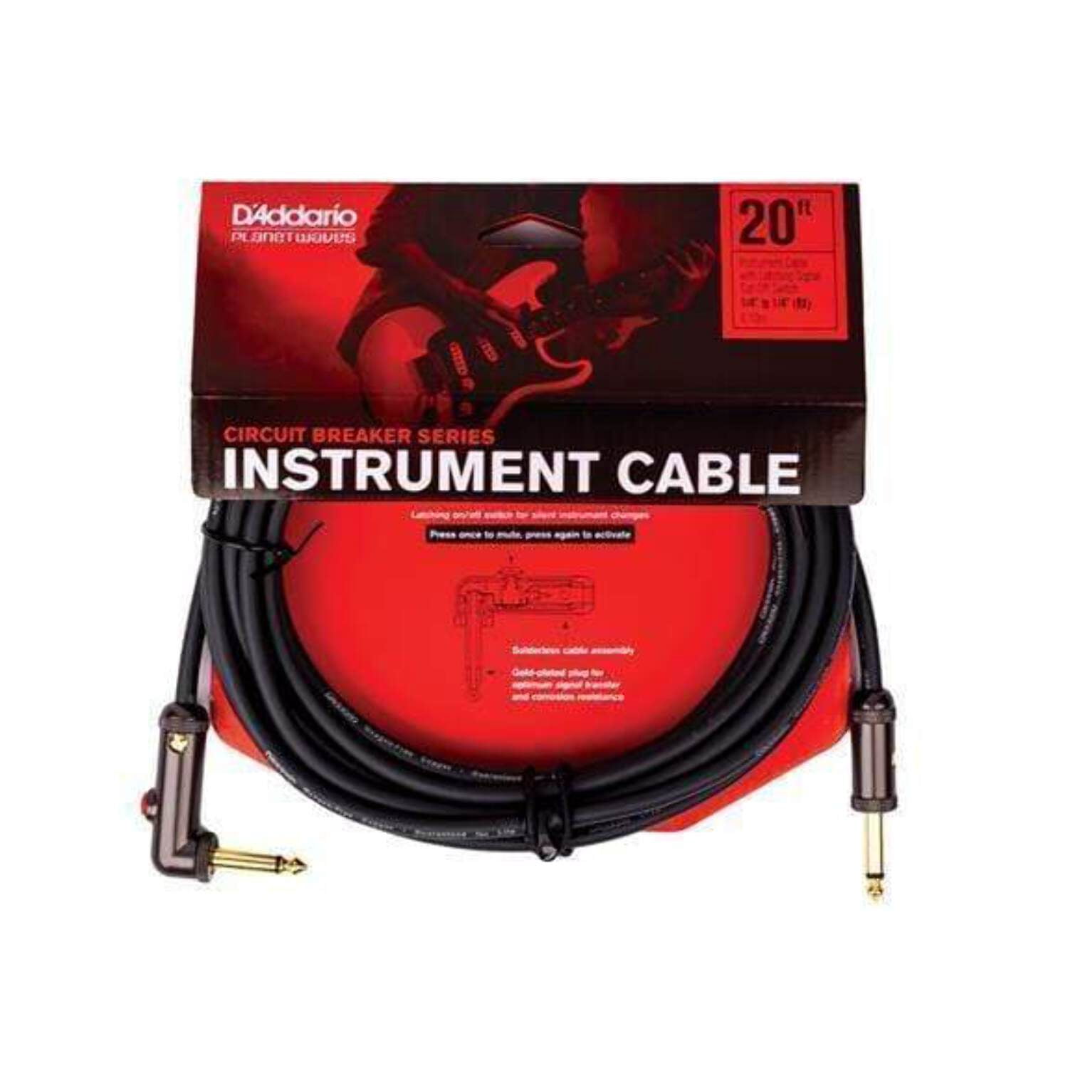 D'Addario Circuit Breaker Instrument Cable with Latching Cut-Off Switch, Right Angle Plug, 20 feet