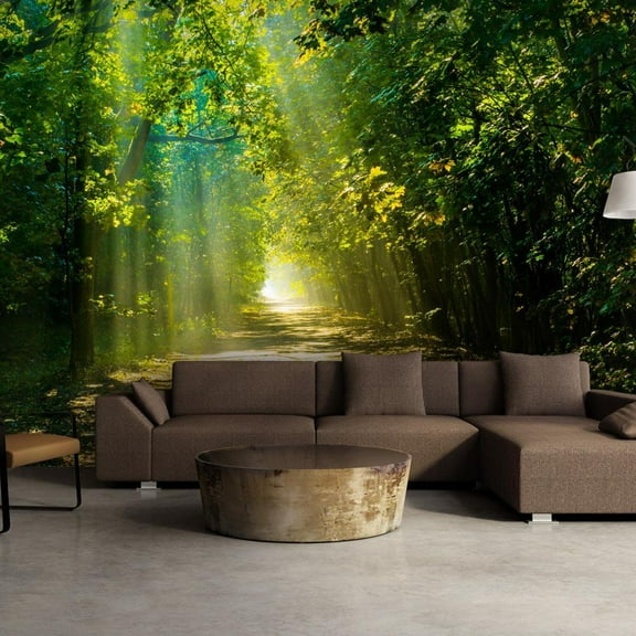 Tiptophomedecor Peel and Stick Forest Wallpaper Wall Mural - Road In Sunlight - Removable Wall Decals