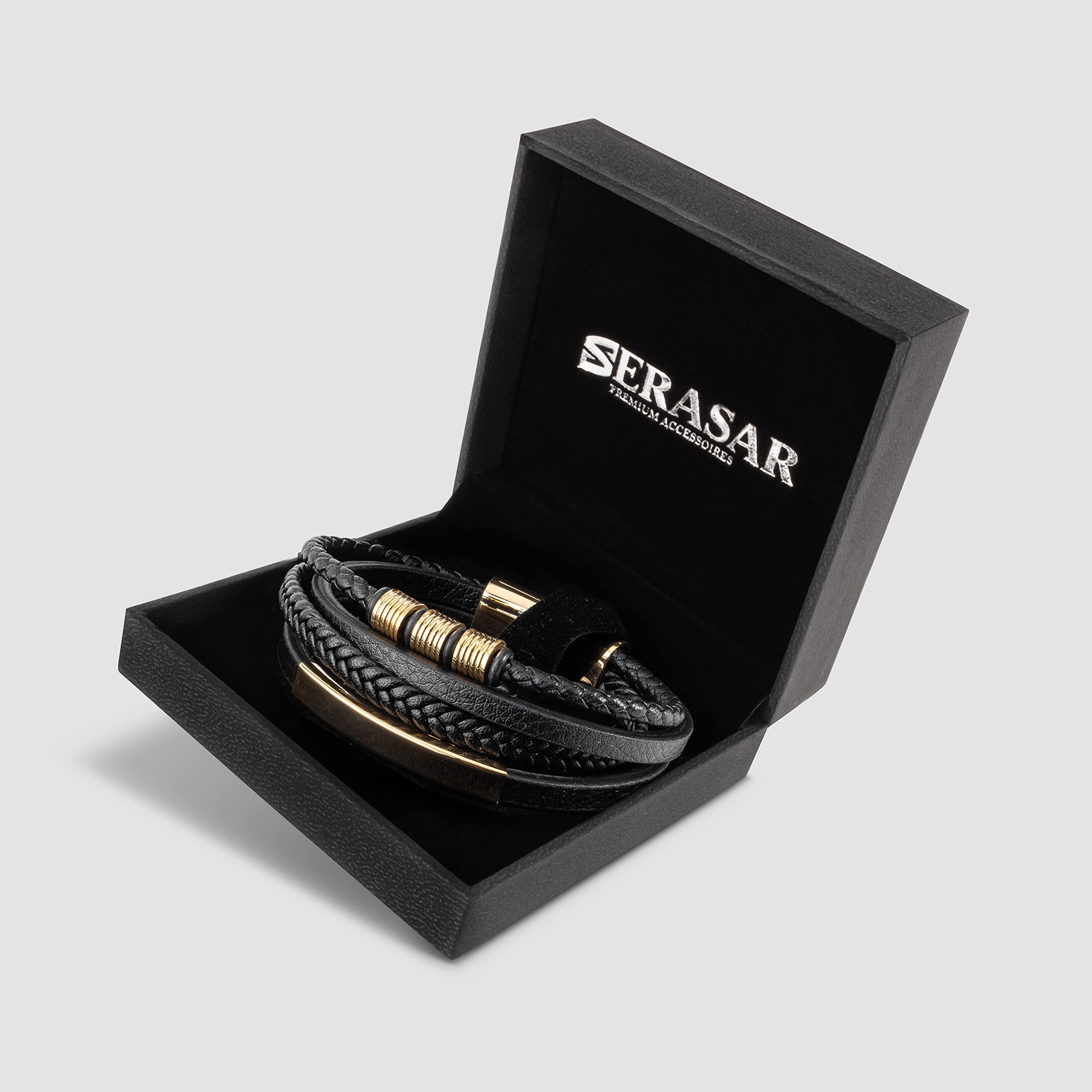 SERASAR Leather Bracelet for Men "Brave" with stainless steel magnetic closure, Gold 17cm, including gift box
