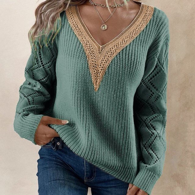 Suéter Suéter de punto para mujer, Top informal con encaje acanalado, Tops elegantes y cómodos Kuymtek Verde oliva T M para Mujer