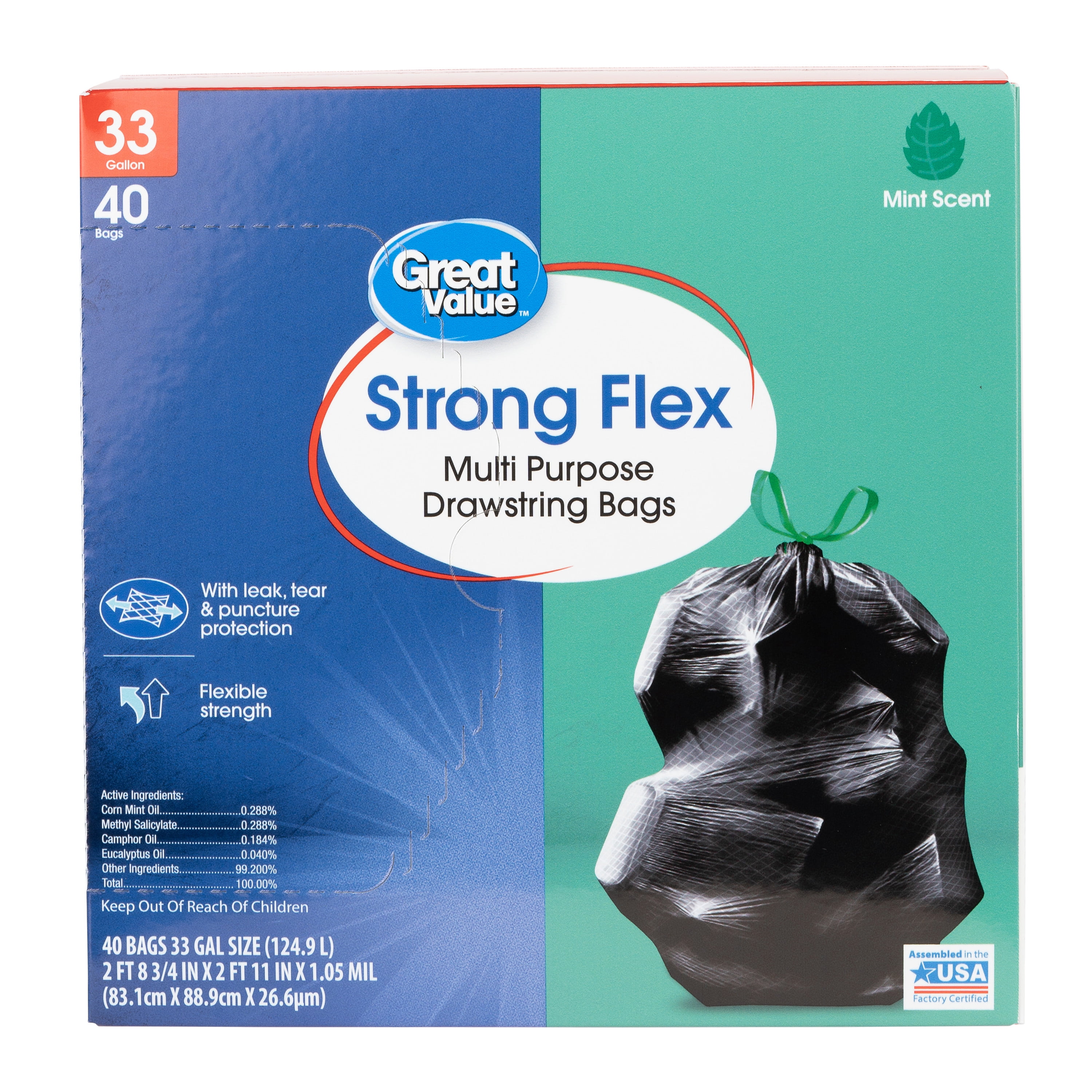 Great Value Strong Flex Multi Purpose Drawstring Bags, 33 gallon, Mint, 40 Count