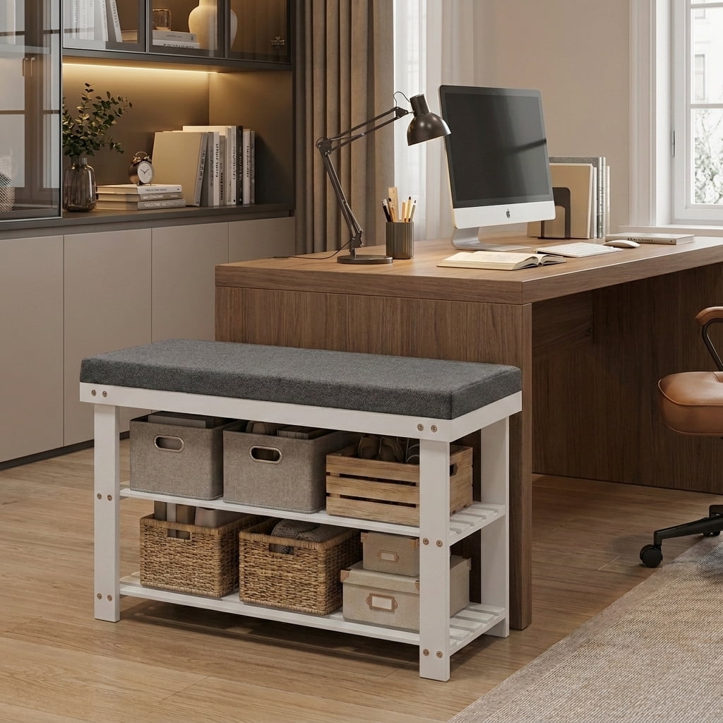 LEDREM Shoe Bench with Cushion, 3-Tier Sturdy Entryway Shoe Rack Organizer, White and Gray