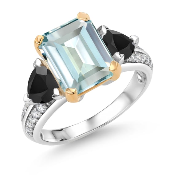 Gem Stone King 925 Sterling Silver and 10k Yellow Gold Sky Blue Simulated Aquamarine and Black Onyx 3 Stone Engagement Ring for Women (4.01 Cttw, Octagon Cut 10X8MM, Size 5)