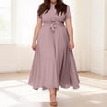 thumbnail image 2 of Laqbezok Elegant Plus Size Women's Fit and Flare Dress, Round Neck Short Sleeve Maxi Dress with Waist Tie, Comfortable Office to Party Pocket Dress, 2 of 8
