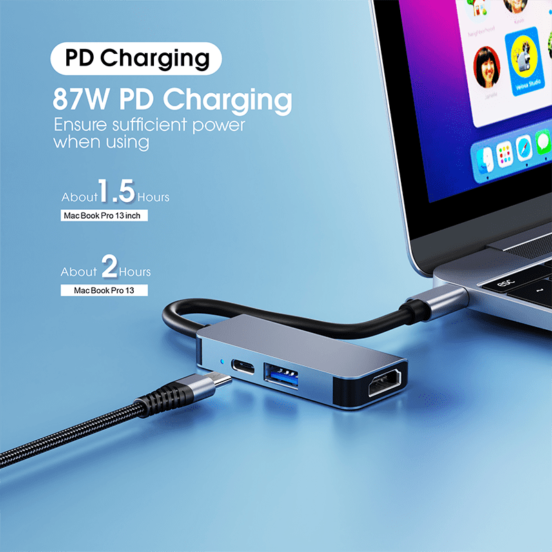 DOONJIEY 3 in 1 USB C Hub Type C to HDTV USB3.0 87W PD Ports Hub for Laptop Extender Adapter