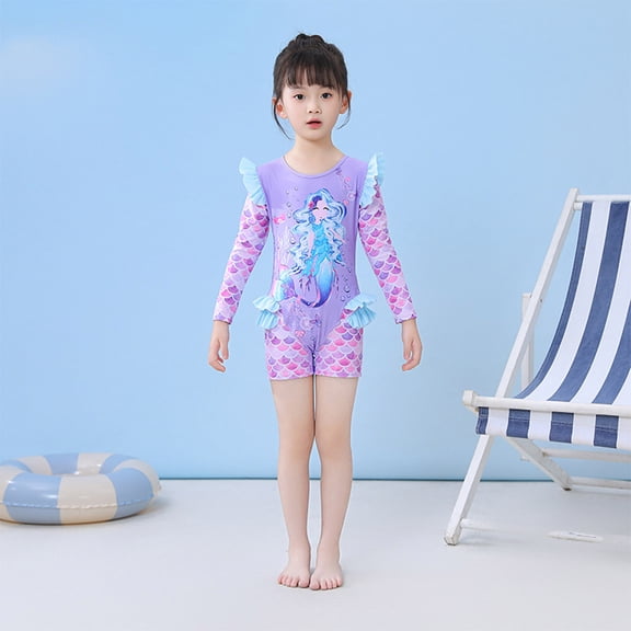 Zylarhe Girls Swimsuit, Long Sleeve Rash Guard Swimsuit for Girls with Flounce Hem Sun Beachwear 10-12 Years Blue