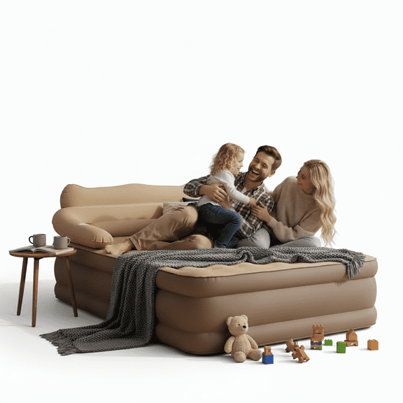 StarZe 18in Air Mattress Queen with Built in Pump and Headboard,Inflatable Portable Mattress for Home, Camping & Guests,Brown