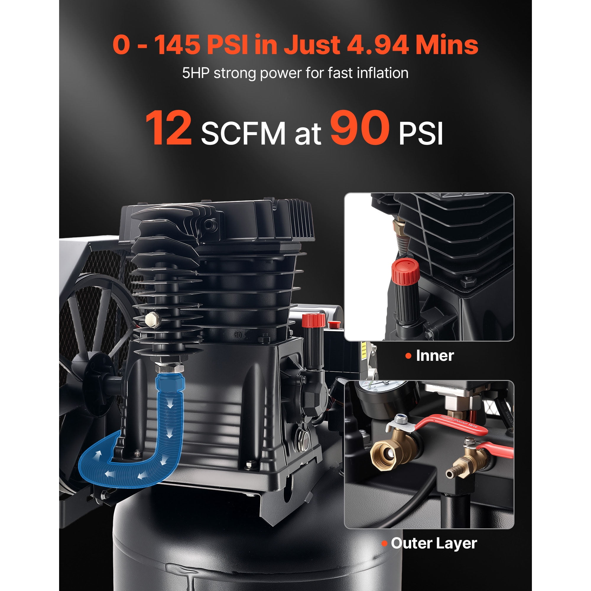 KFFKFF 60-Gallon Heavy-Duty Air Compressor, 5HP, 12 SCFM at 90 PSI, Max 145 PSI Pressure, Oil-Lubricated Tank for Industrial Use and Large Workshops (230V, No Plug)
