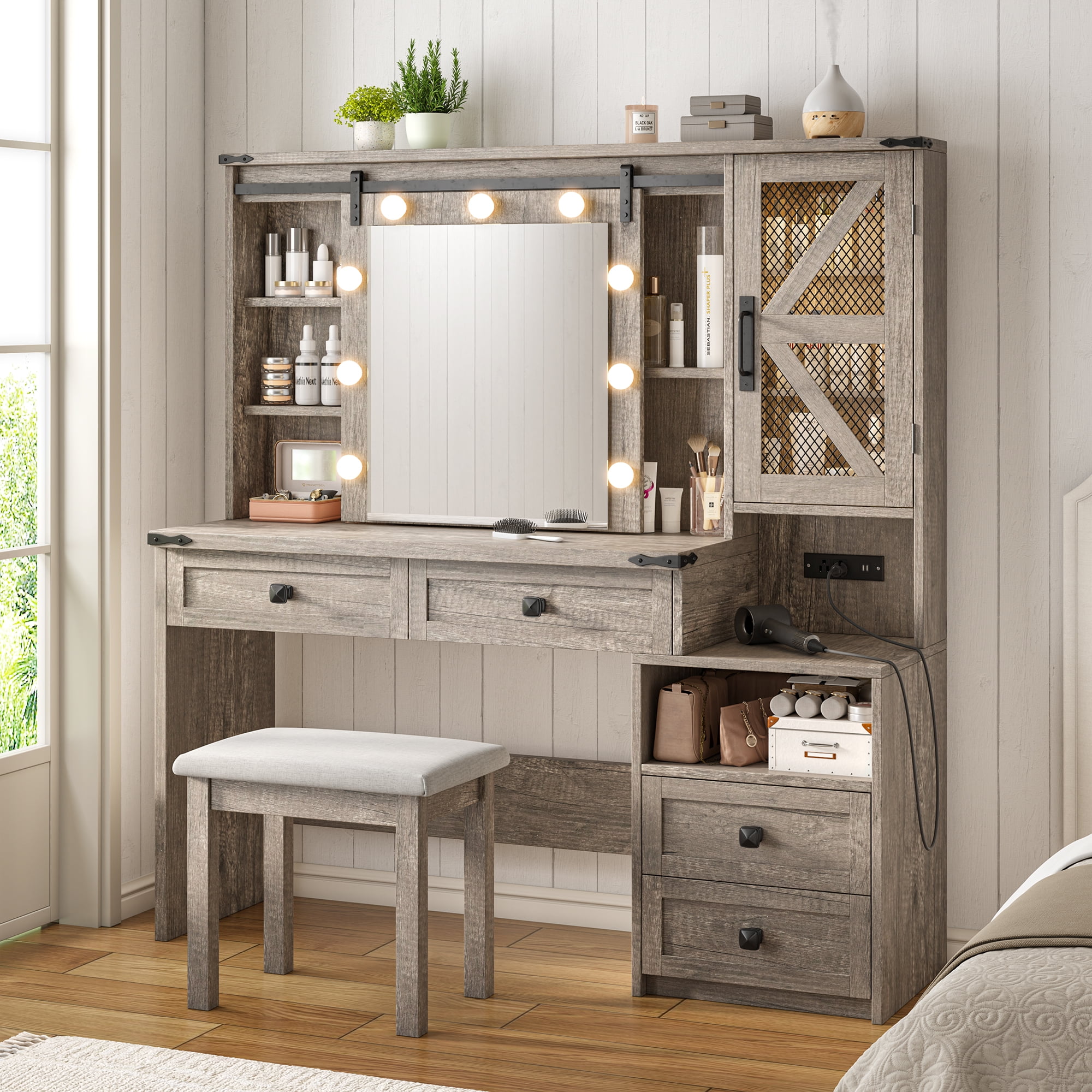 Vanity Set with Mirror and Lights Vanity Desk with 4 Wooden Drawers & 3-Tier Storage Shelf & Charge Station Farmhouse Vanity Dressing Table for Girl, Stool Not Included, Light Rustic Oak