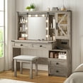 thumbnail image 5 of Vanity Set with Mirror and Lights Vanity Desk with 4 Wooden Drawers & 3-Tier Storage Shelf & Charge Station Farmhouse Vanity Dressing Table for Girl, Stool Not Included, Light Rustic Oak, 5 of 7