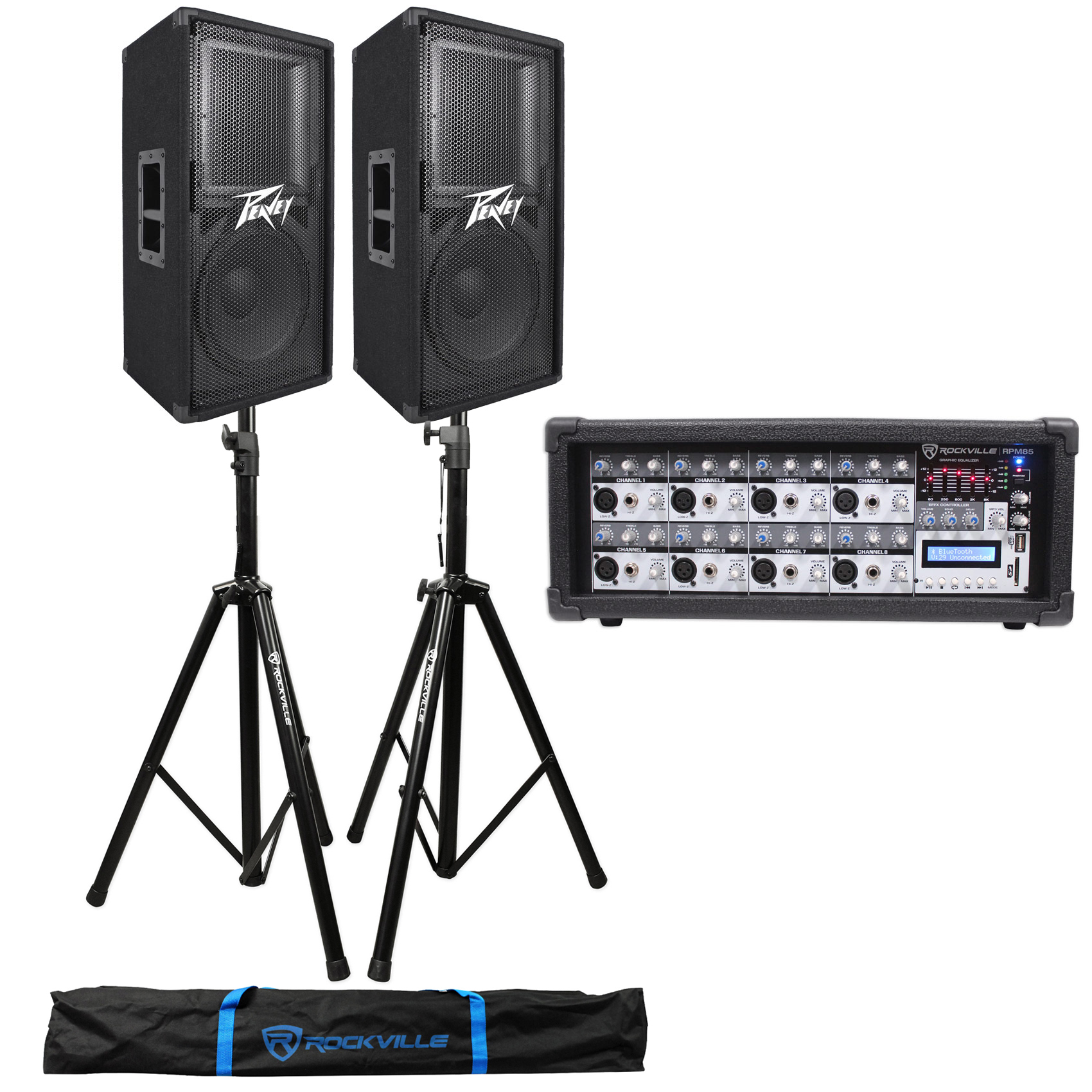 (2) Peavey PV112 12" 1600w Speaker System Mixer+Stands