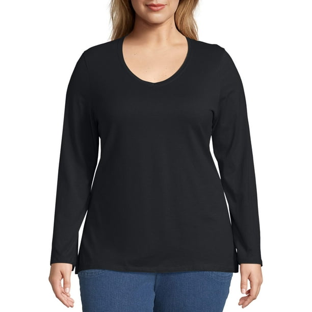 Just My Size - Just My Size Plus-Size Women's Long-Sleeve V-neck Tee ...