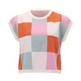 thumbnail image 3 of Tank Tops for Women Color Block Plaid Knitted Round Neck Short Sleeve Tops, 3 of 5