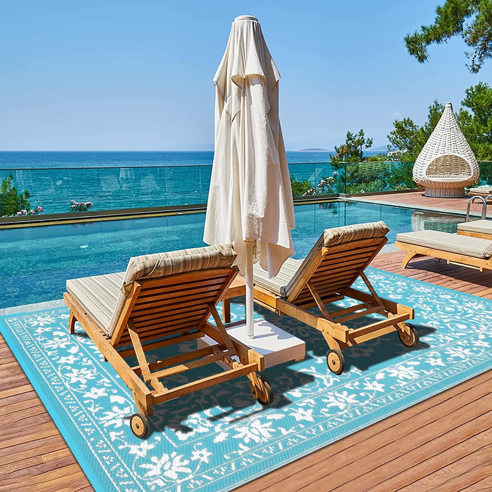 Findosom 8'x10' Boho Mandala Outdoor Rug Patio Rug Large Reversible Plastic Straw Rug RV Outdoor Mat Waterproof Foldable Portable Camping Mat for RV,Patio,Backyard,Deck,Picnic,Beach Teal