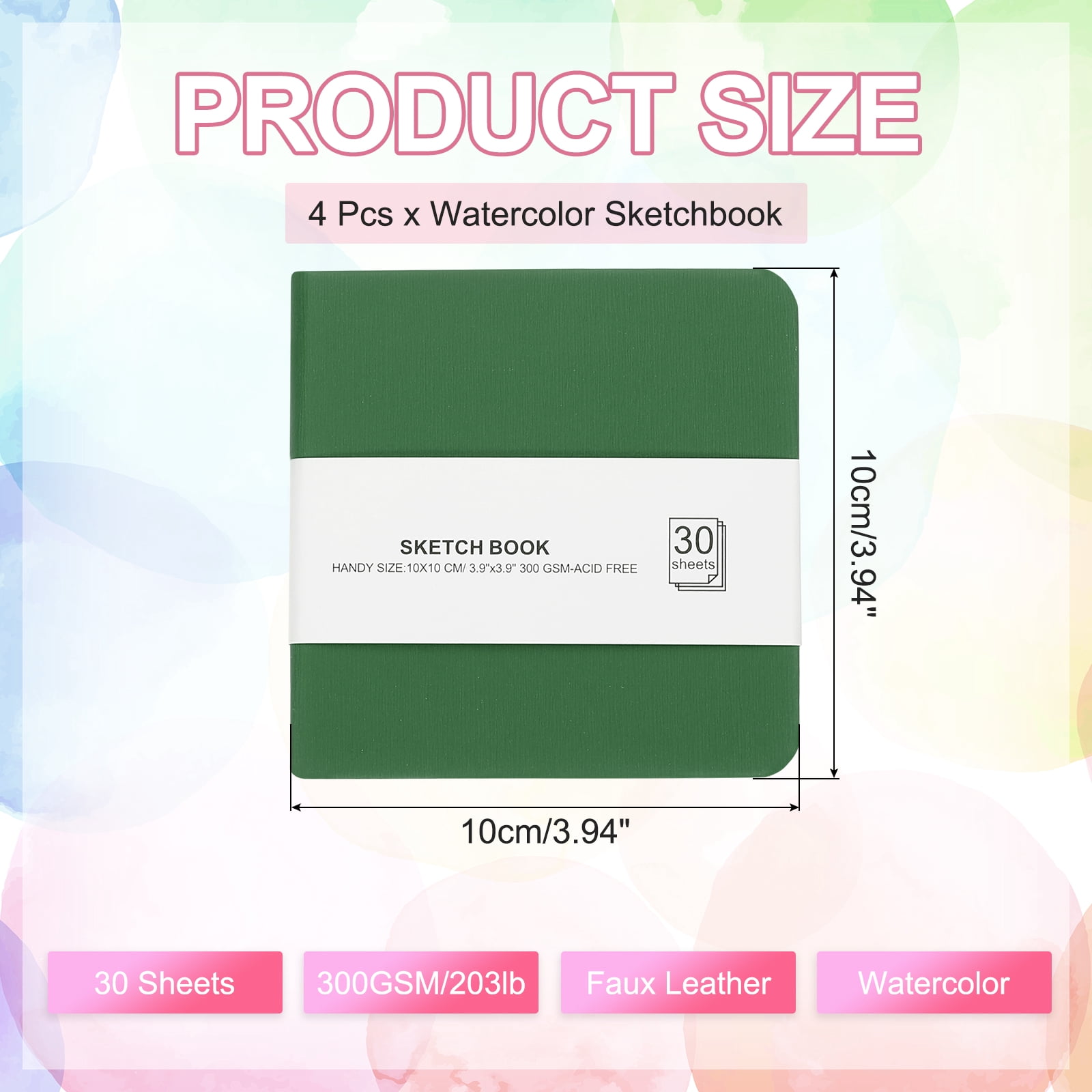 Uxcell 4x4" Watercolor Paper Sketchbook, 4Pcs 30 Sheet 300GSM/203lb Acid Free Watercolor Journal Hardcover Artists Paper Pads for Painting, Dark Green