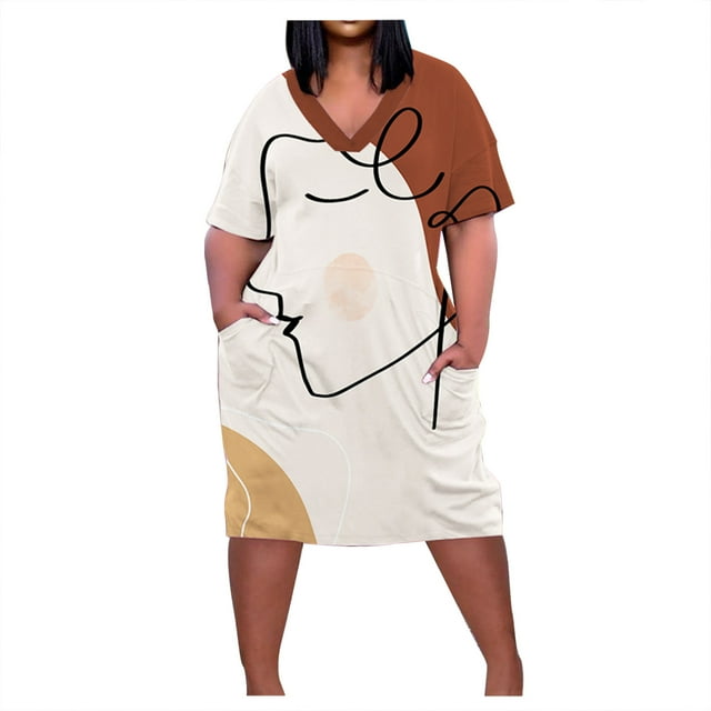QIPOPIQ Robes pour Femmes avec Poches Manches Courtes Robe Grande Taille pour l'Été Robe Col en V Robes Décontractées Robes d'Été Genou Offres 2023