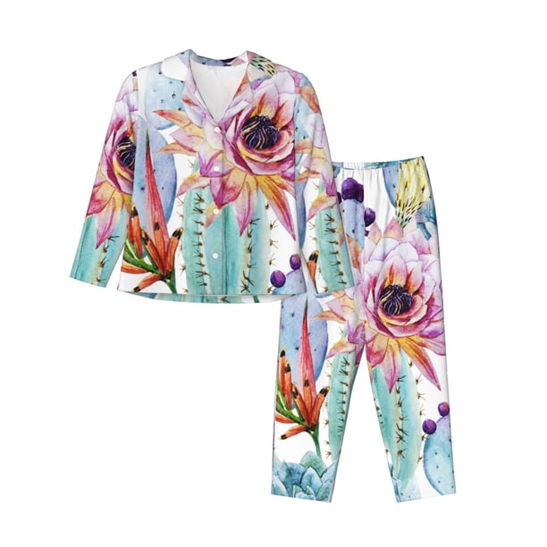 Balery Cactus Conjunto de Pijama con Estampado para Mujer, Conjunto de Dos Piezas con Manga Larga, Ropa de Dormir Suave con Bolsillos, Pijamas Cómodos-Large