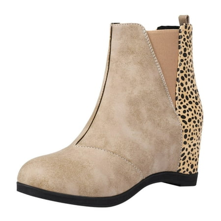 

PMUYBHF Ladies Leather Round Toe High Heel Slope Heel Splicing Colorblocking Multi Pattern Mid Calf Large Size Boots Ankle Boots Short Boots 42.98