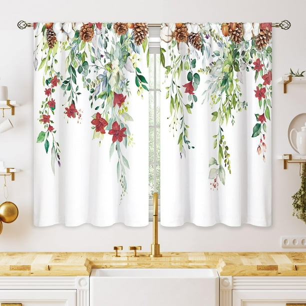Cortina Oolygoo con diseño floral de hojas de eucalipto para cocina, 70 x 99 cm