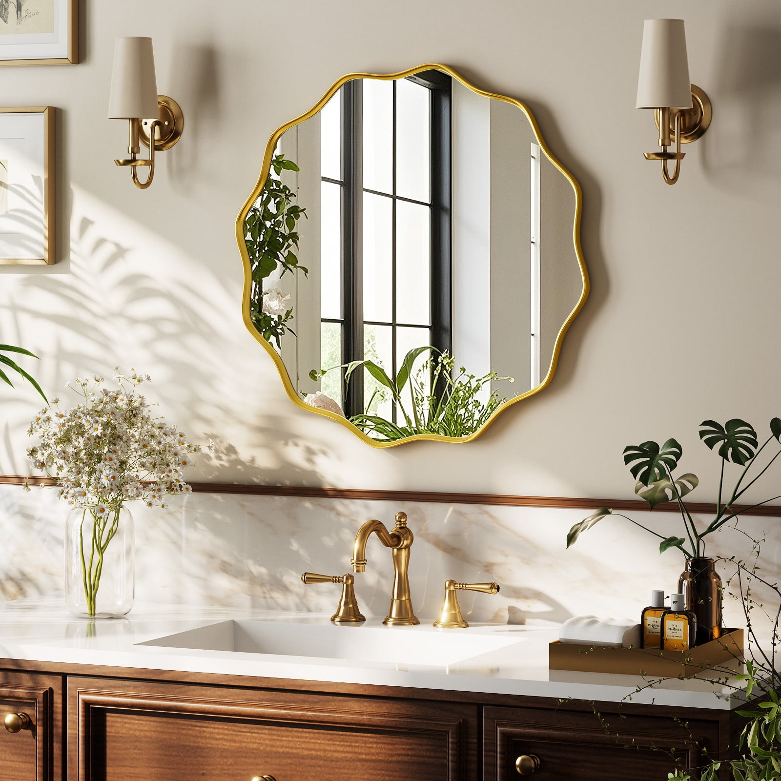 Easy4Home 24.2" Wavy Round Bathroom Mirror Wall Mounted Decorative Mirror With Deep Frame, Gold