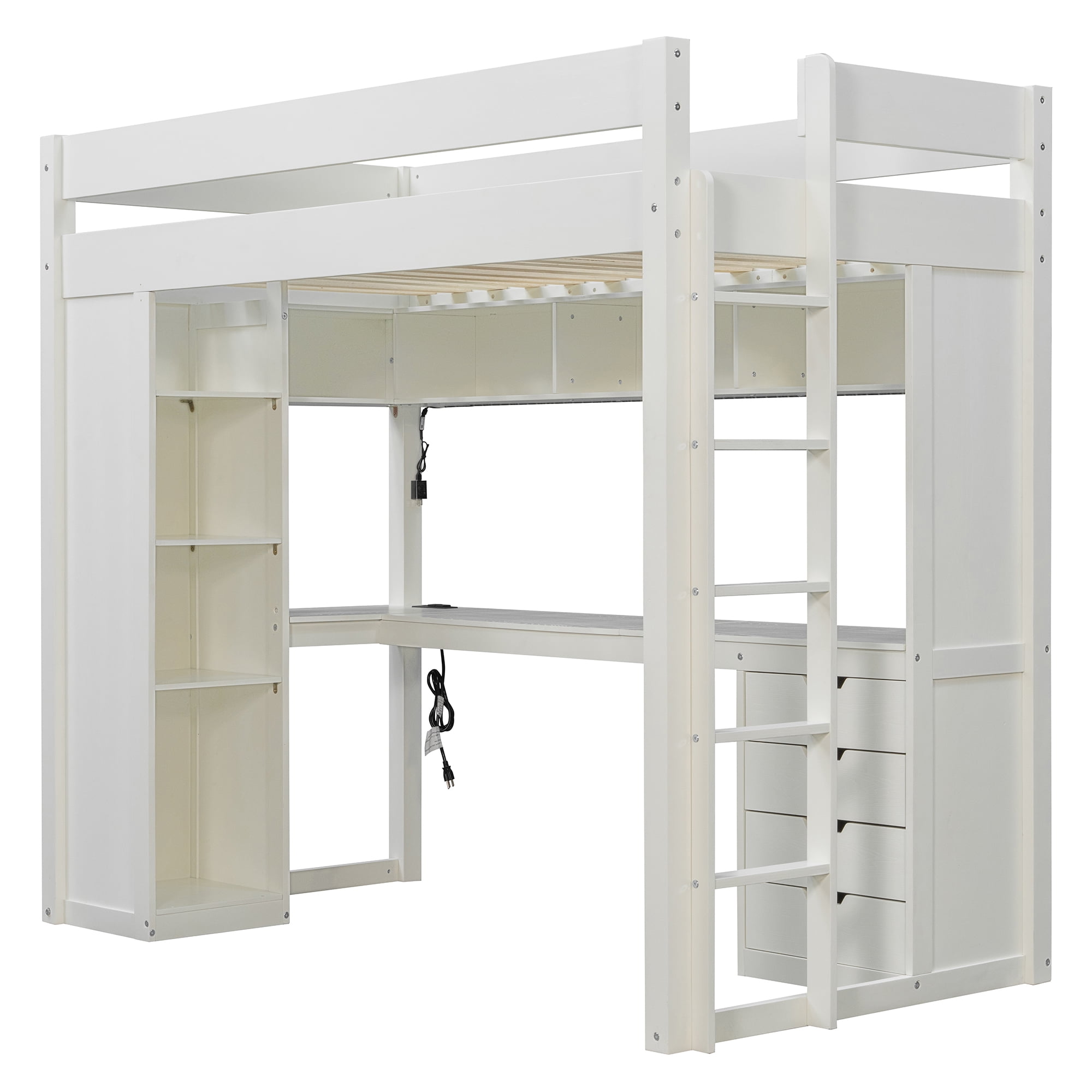 Mintazer Twin Loft Bed with L-Shaped Desk & Smart LED Lights and Charge Station, Modern Loft Bed with 4 Storage Drawers & Shelves, White