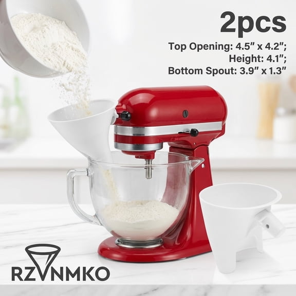 RZVNMKO 2 Pcs Kitchen Auxiliary Mixer Flour Funnel,Attachments for Mixers Accessories with Easy-Pour Funnels Attachment, for 4.5-5 Quart Tilt-Head Stand Mixe(White)