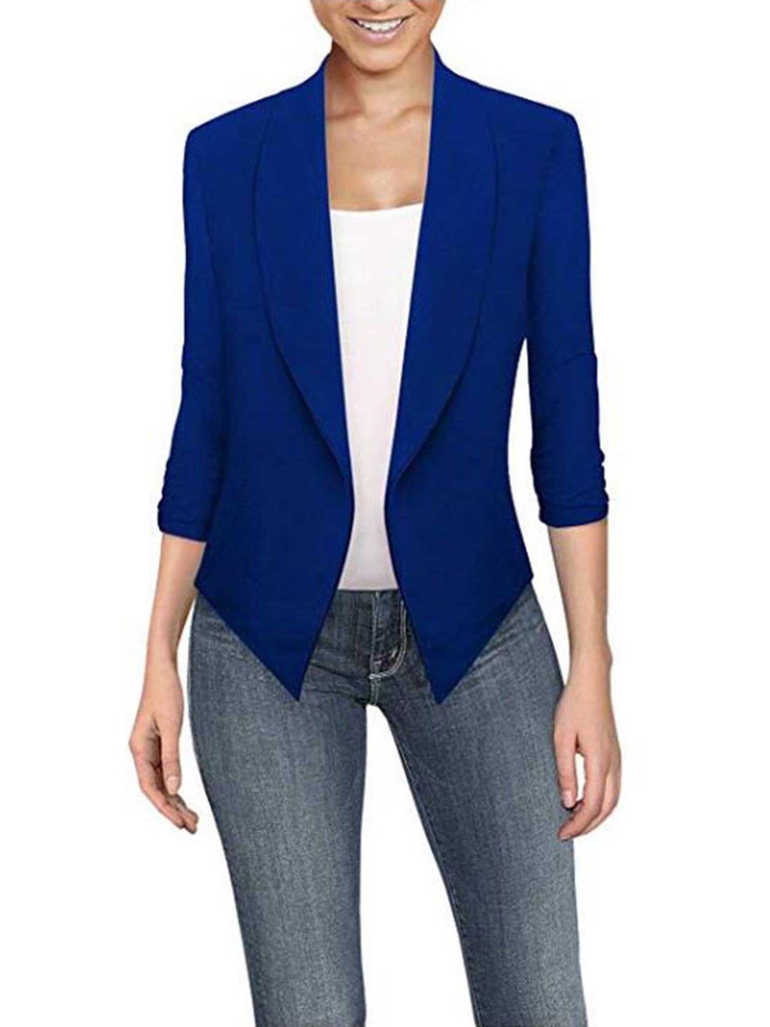 Ladies Long Sleeve Front Pockets Open Front Plain Smart Women's Jacket Blazer 
