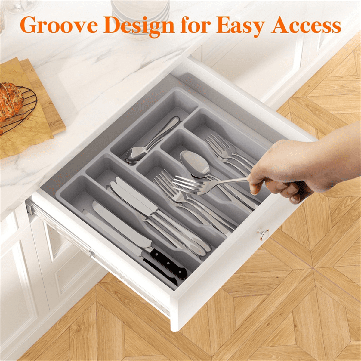 Silverware Organizer with Lid,Covered Utensil Tray for Kitchen Drawer and Countertop, Plastic Cutlery and Flatware Gray