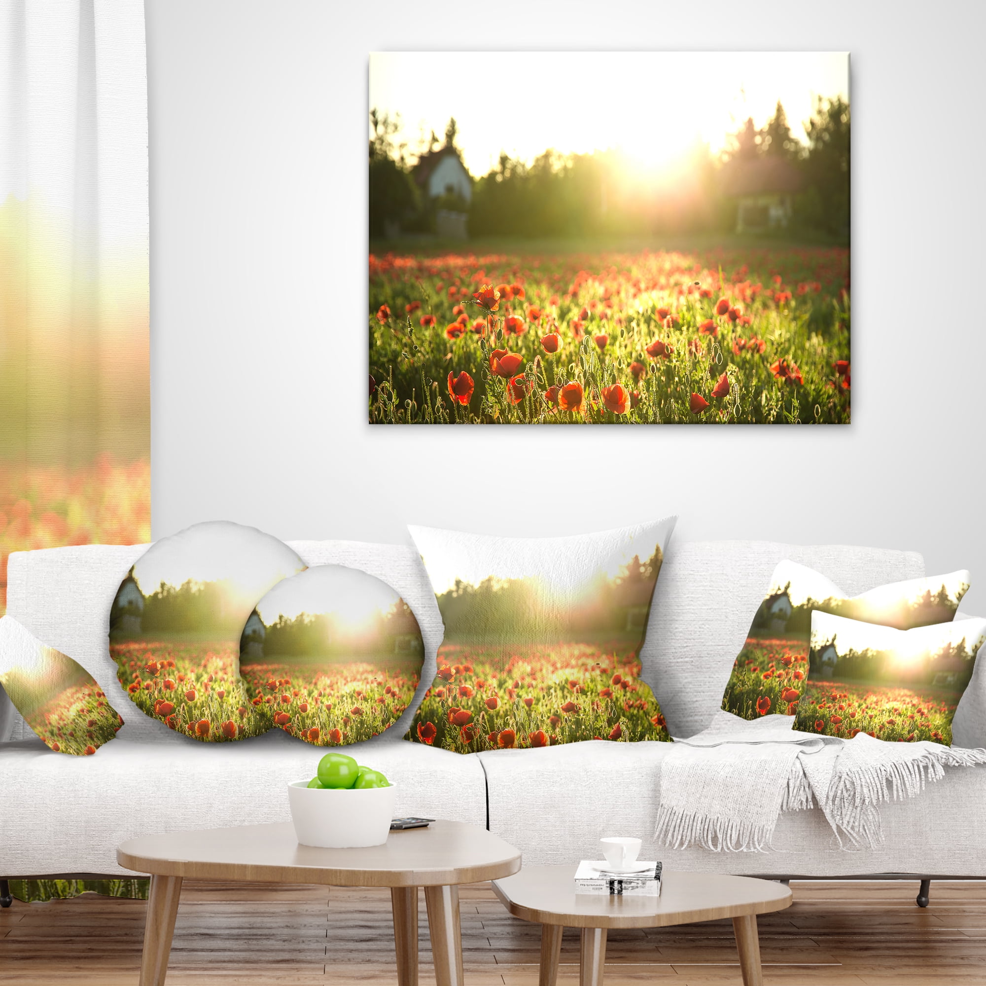 Designart Poppy Field under Bright Sunlight - Landscape Printed Throw Pillow - 16x16