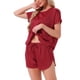 thumbnail image 4 of INSPIRAR CHIC Conjunto de Pijama de Satén de Seda para Mujeres, Top de Cuello Redondo con Manga Corta y Bolsillo Frontal, y Pantalones Cortos con Cuerda para Dormir S Rojo Oscuro, 4 of 5