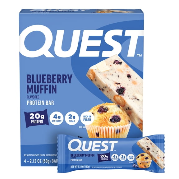 Quest Protein Bar, Blueberry Muffin Flavor, 21g of Protein, Gluten Free, 4 Count