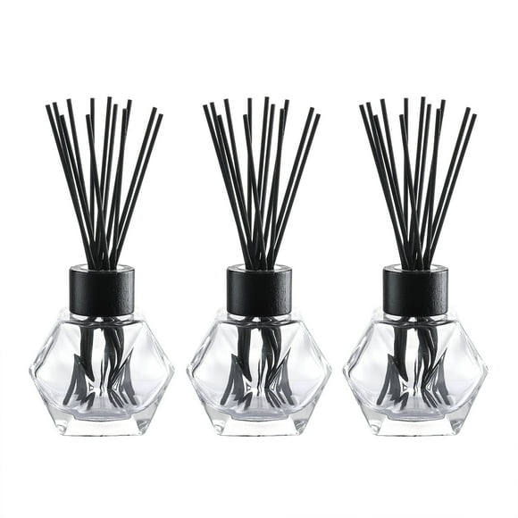 Gala Houseware Diffuseurs en Verre de 4” de Hauteur pour Huiles Essentielles, Ensemble de 3 avec 24 Bâtonnets Diffuseurs en Roseau Noir et Bouchons en Bois Noir (7 oz)