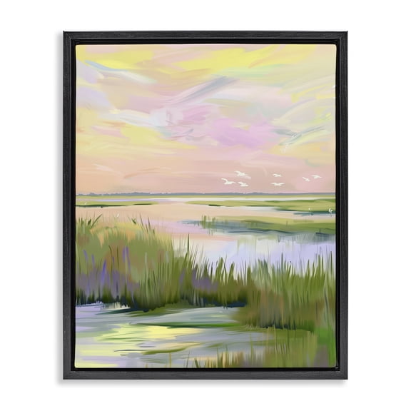 Stupell Industries Soft Pink Marshland Sunrise Landscape & Nature Painting Black Floater Framed Canvas Art Print Wall Art, 17 x 21