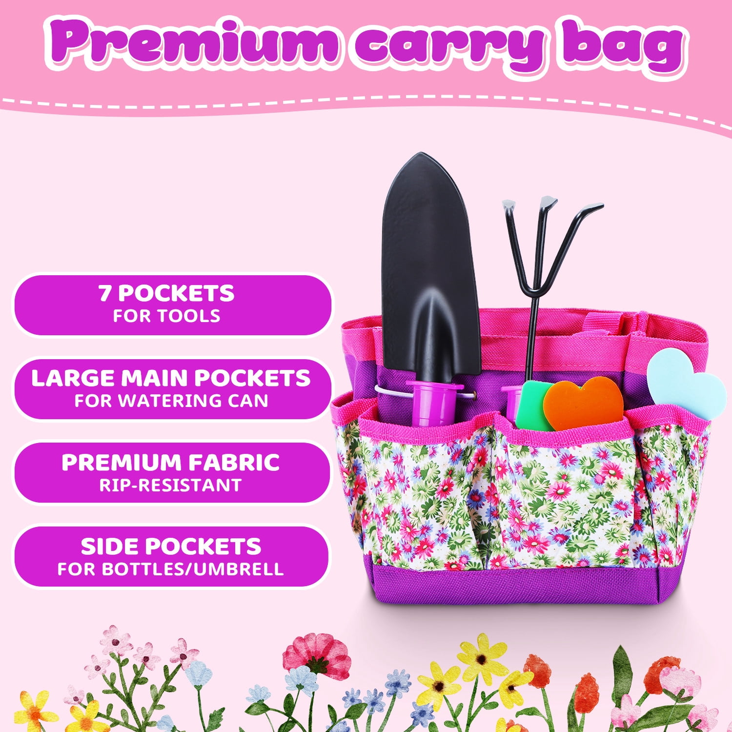 JoyStone 16PCS Kids Gardening Tool Set with Floral Apron & Tote Bag, Watering Can, Gloves, Shovel & Rake, Outdoor Yard Gift for Toddlers Ages 3+