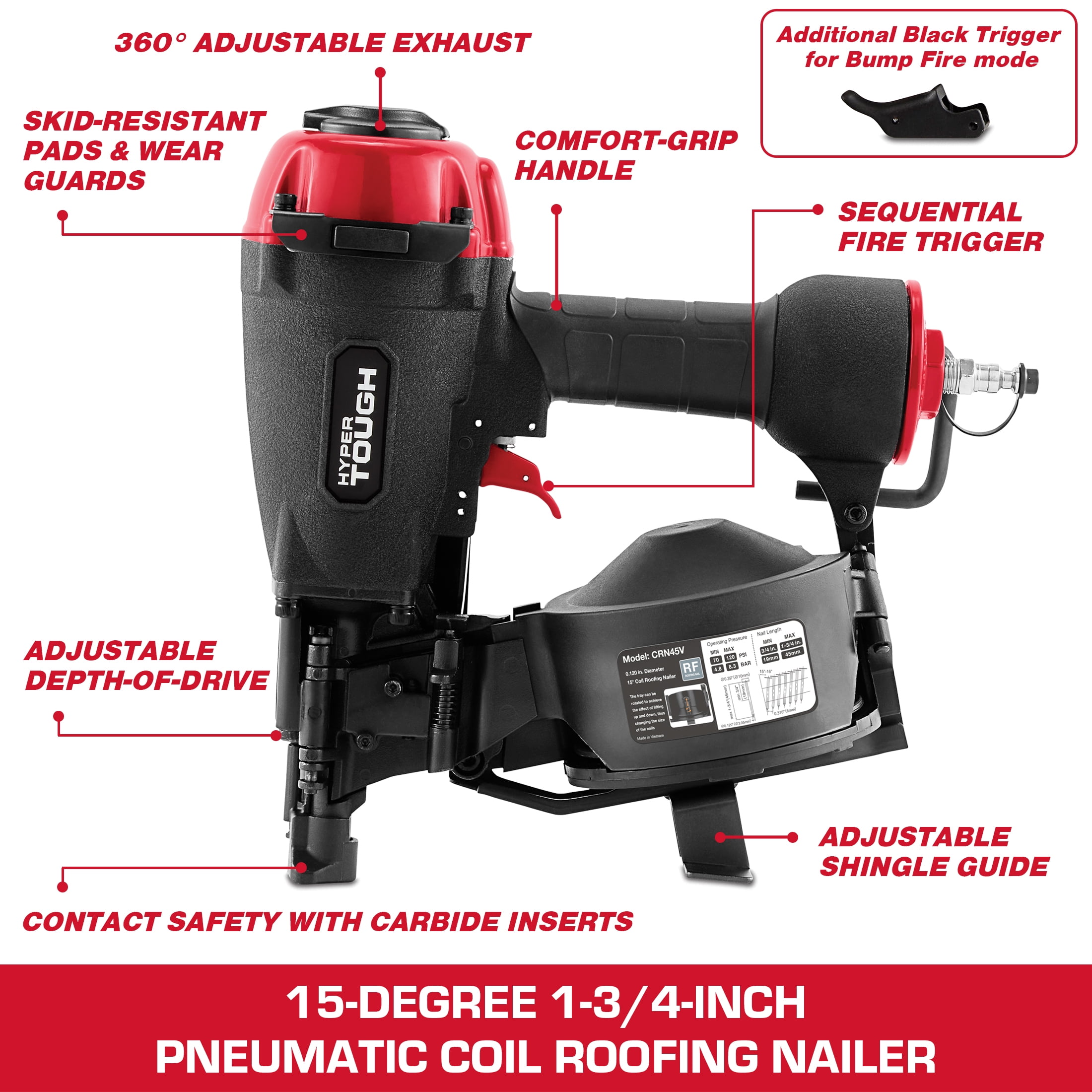 Hyper Tough 15-degree 1-3/4-inch Pneumatic Coil Roofing Nailer, Air Powered Roofing Nail Gun