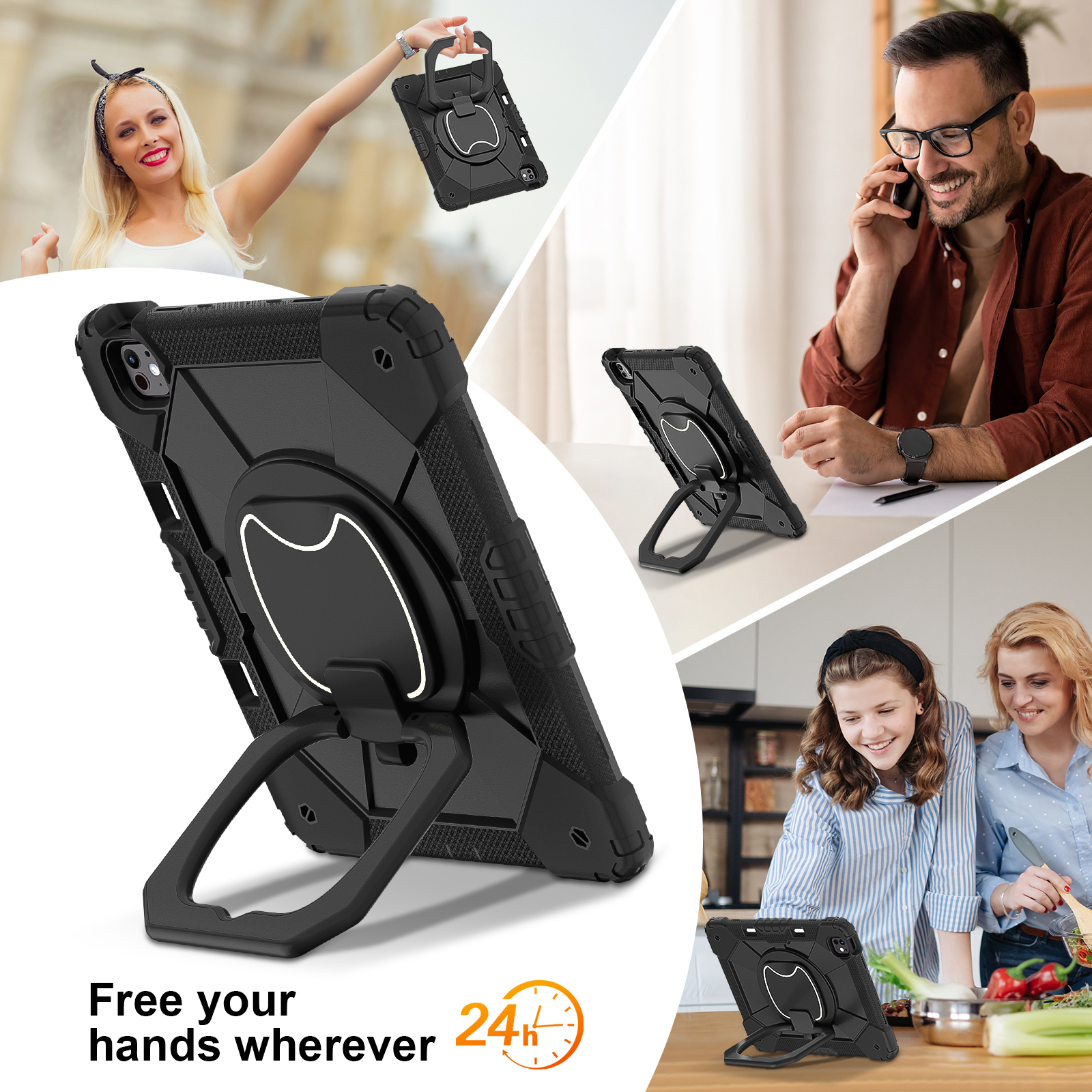 Dteck with Pencil Holder Case for iPad Pro 13 inch 2024,Heavy Duty Silicone Case 360 Degree Rotating Handle Stand Cover with Shoulder Strap for iPad Pro 13-in. (M4) ,Black
