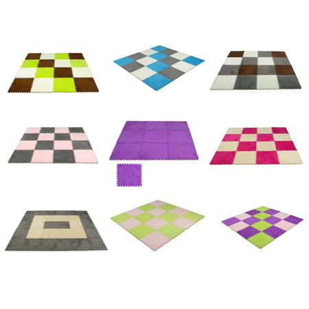 9 pcs Interlocking Carpet Tiles Plush Foam Square Mats Set for Living Room, Bedroom, Kitchen and Hard (Best Kitchen Mats For Tile Floors)