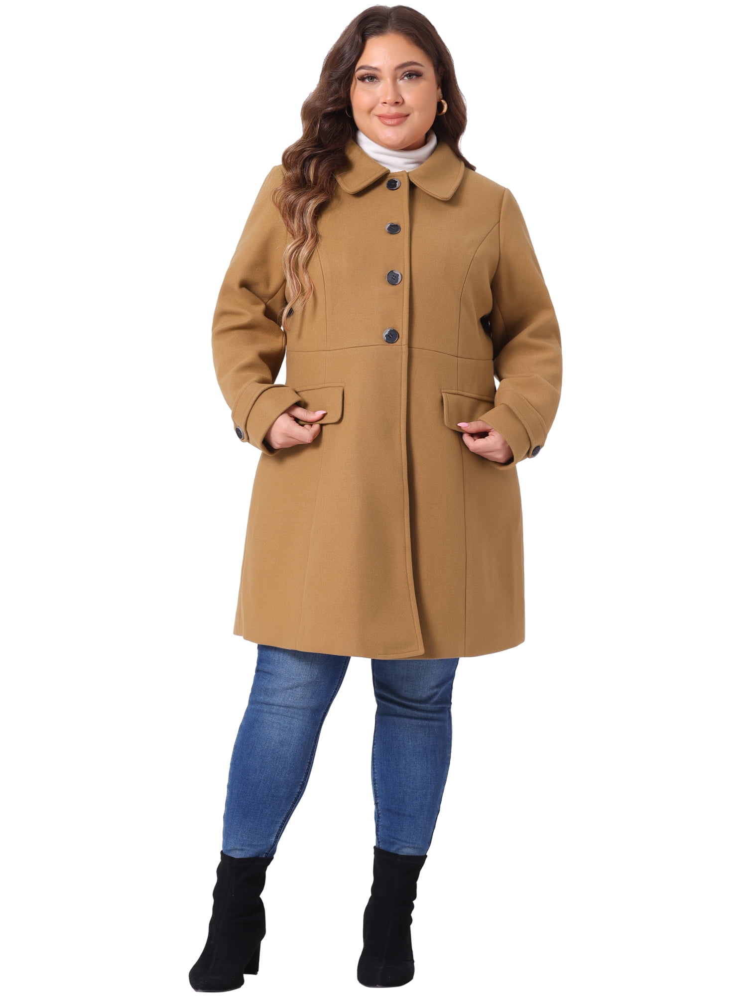 DARING DIVA Women's Plus Size Single Breasted Trench Coat with Pockets 1X Camel