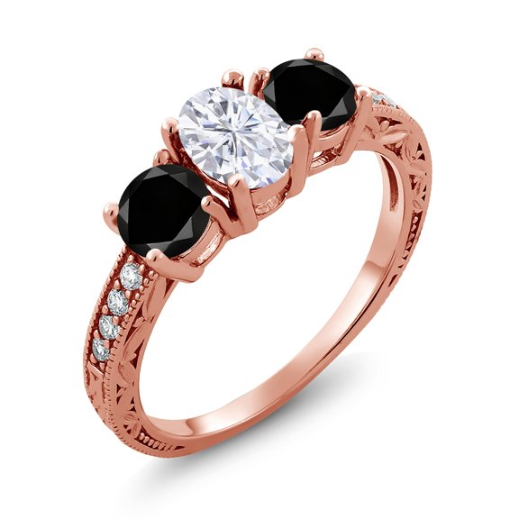 Gem Stone King 18K Rose Gold Plated Silver Black Diamond Ring Set with Moissanite (2.12 Cttw) (Size 7)