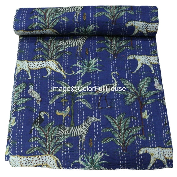 Indian Handmade Animal Print Cotton kantha Quilt, Village art gudri,Hand Stitch Quilt ,Bedspread, Blanket Size ( Double 90" x 108")