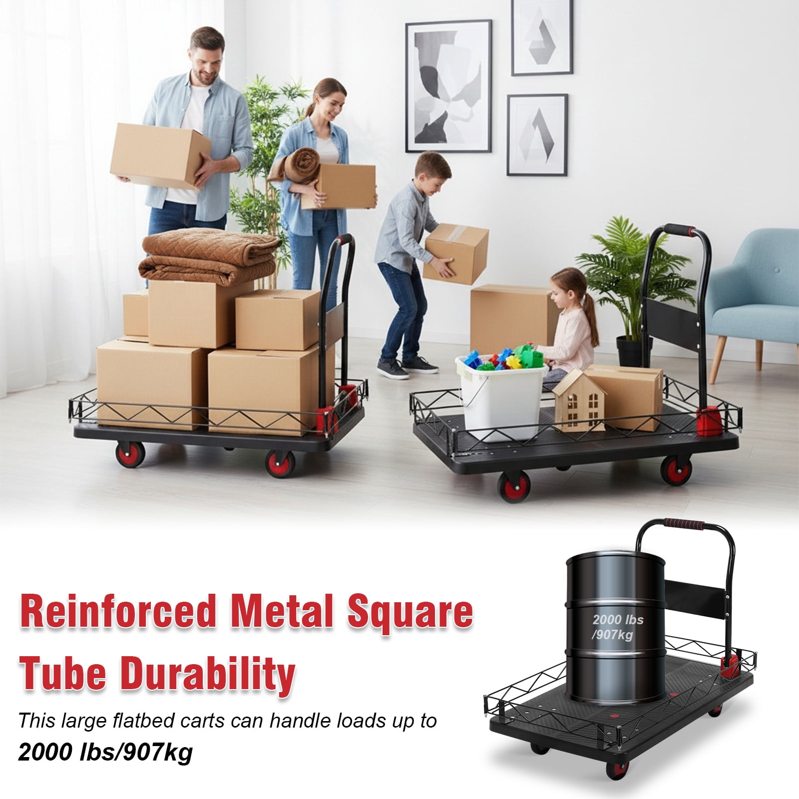 Qiyester Platform Truck Foldable 2 in 1 Large Push Cart Dolly Flat Hand Trucks with Detachable Steel Wire Fence Wheels 2000 LBS Capacity for Gardens, Warehouses, Workshops