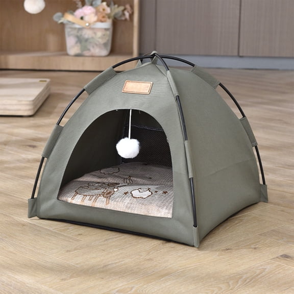 Portable Foldable Pet Tent Bed, Cat Dog Teepee House with Cooling Mat & Hanging Pom Pom Toy, Washable Semi-Enclosed Pet Cave for Indoor Cats Kittens Small Puppies, All Season Indoor Sleeping Hut