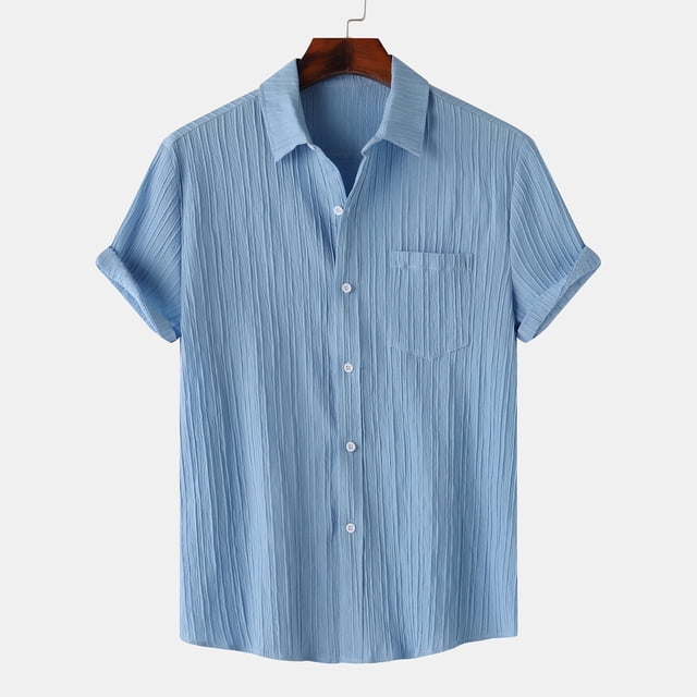 DPTALR Men Casual Solid Turndown Short Sleeve Button Closure Shirt Hawaii Blouse