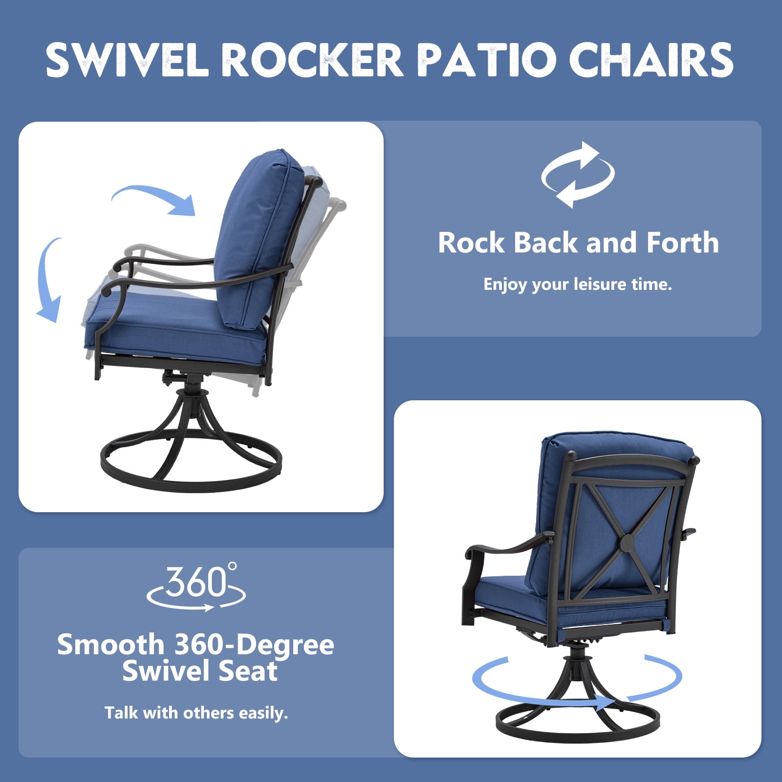 MELLCOM Patio Swivel Chair Set of 2, Heavy Duty Outdoor Dining Chairs with Thickened Cushions, Metal Patio Chairs Gentle Rocker for Outside, Garden Lawn & Porch, Backyard, Blue