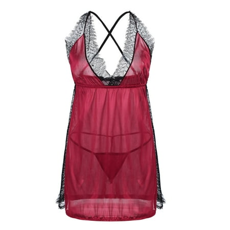 

Lovehome Women s Nightdress Deep V Perspective Lace Stitching Fun Underwear T-pants Set