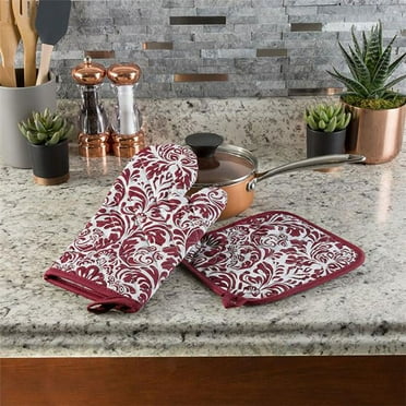 Lavish Home 69-07-BU Quilted & Flame with Heat Resistant Oven Mitt Pot Holder Set, Burgundy