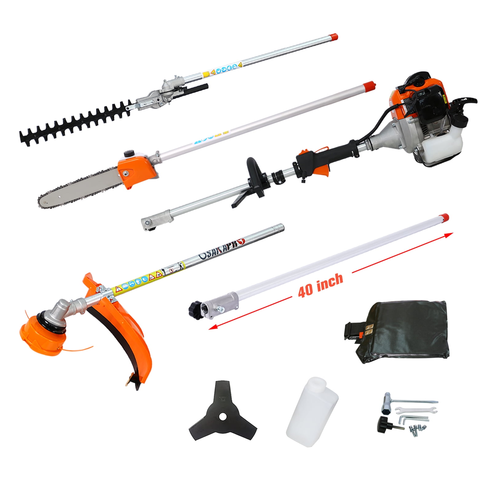 5 In 1 Multi Tool 56CC 2 Cycle Gas Full Crank Shaft Engine Pole Saw Hedge Trimmer Grass String Brush Cutter 40In Extension Pole 4 Professional Attachments Quick Change System Orange Black Large Kit